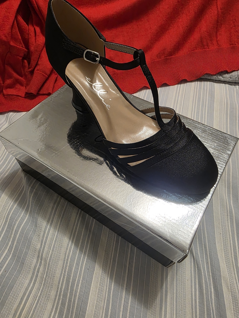 Ellie Black Satin T-Strap Mid Heel with Cutout Vamp